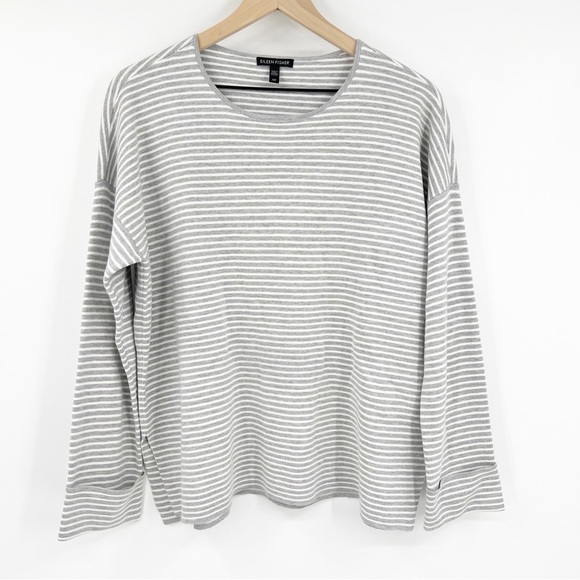 Eileen Fisher Striped Organic Cotton Silk Cuffed Sweater Top Small Preppy Gray - Picture 1 of 6